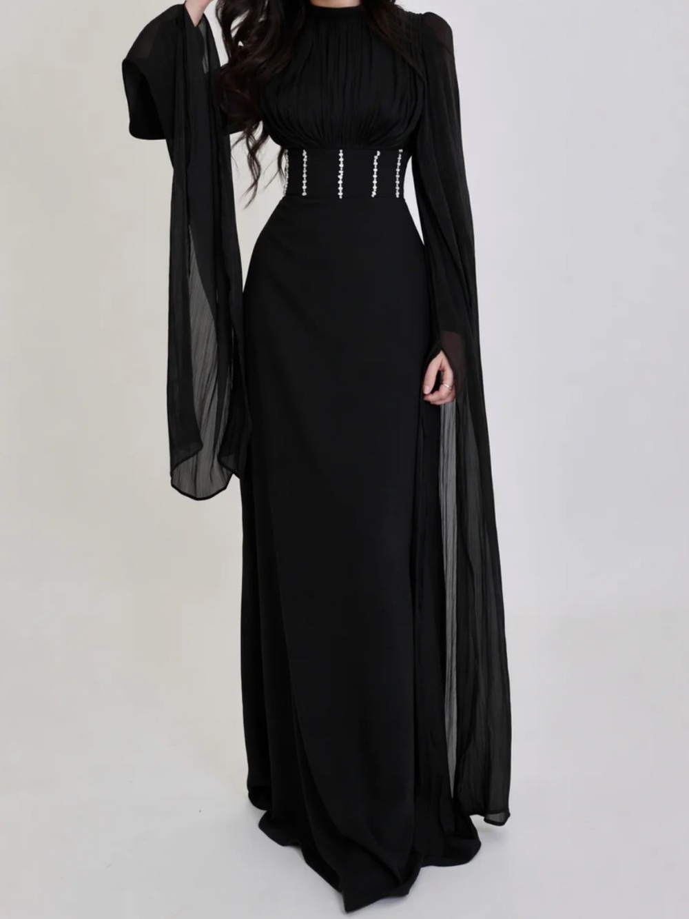Elegant Black Maxi Gown With Sheer Draped Sleeves - Picture 1 of 2